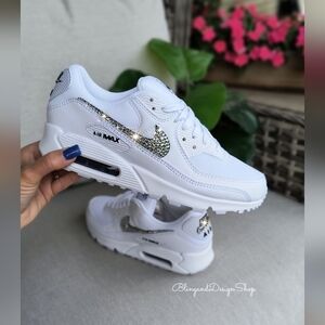Women's Bling Nike Air Max 90 White Sneakers Shoes made with Swarovski C…